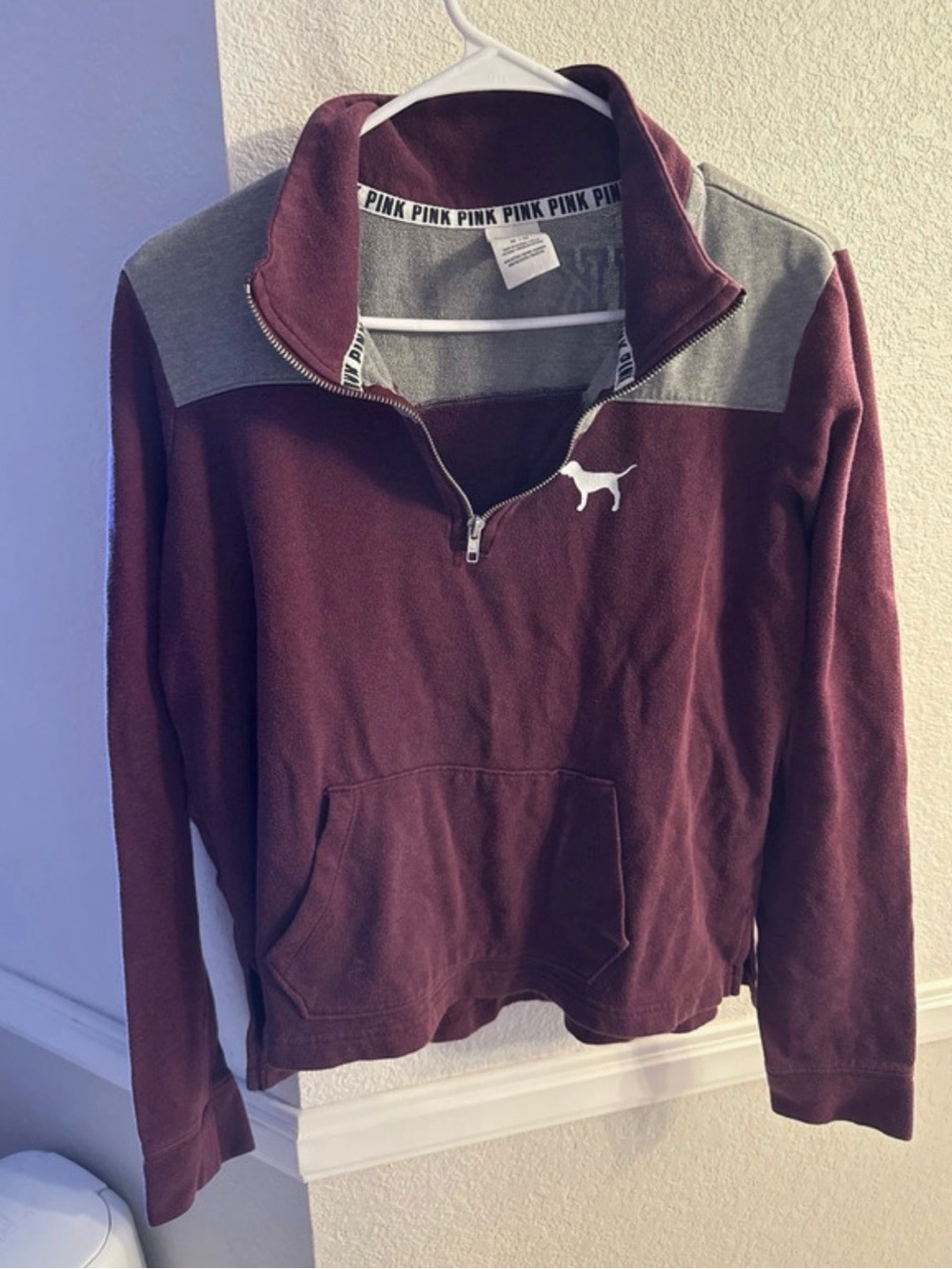 PINK Victoria's Secret Maroon & Gray Quarter-Zip Pullover